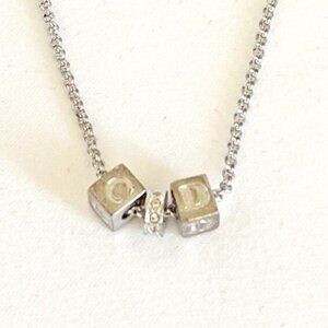 DIOR Cube CD Logo Rhinestone Silver Tone Pendant Necklace
